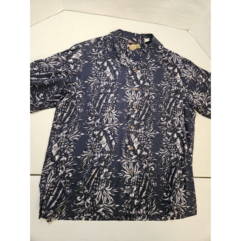 Caribbean Pineapple Silk Blend Mens Button Up Shirt Blue Floral L Large Navy